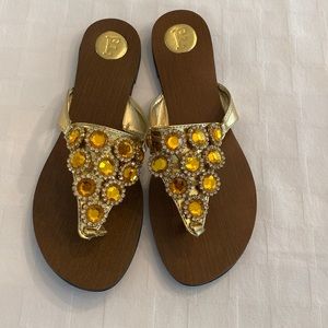 Gold Jewel Sandals Fahrenheit Amber Yellow Orange Jeweled Thong Flip Flop Size 6